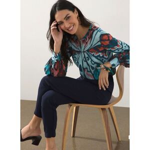 CHICO'S Cuff Sleeve Butterfly Top Colorful Artsy Casual Career Size 1 (8/10)